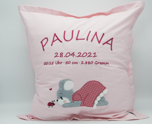 Großes Kissen / Geburtskissen | personalisiert mit Wunschname & -motiv | 100% Bio-Baumwolle (rosa)