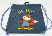 Lade das Bild in den Galerie-Viewer, Turnbeutel-Rucksack-Kombo | personalisiert mit Wunschnamen &amp; -motiv | Cord in BLAU
